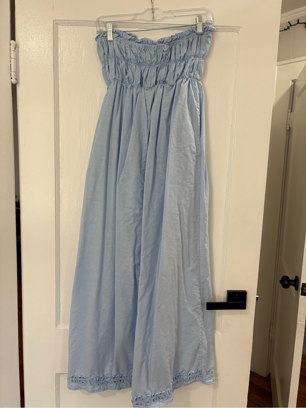 SNDYS Strapless Light Blue Maxi Dress with Smocked Bodice